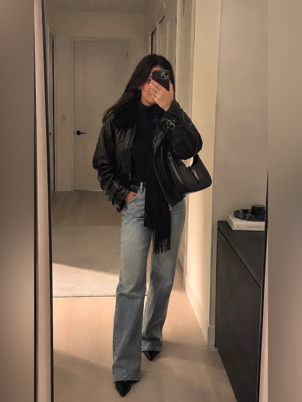 Leather Effect Bomber Jacket ZW Collection in Black